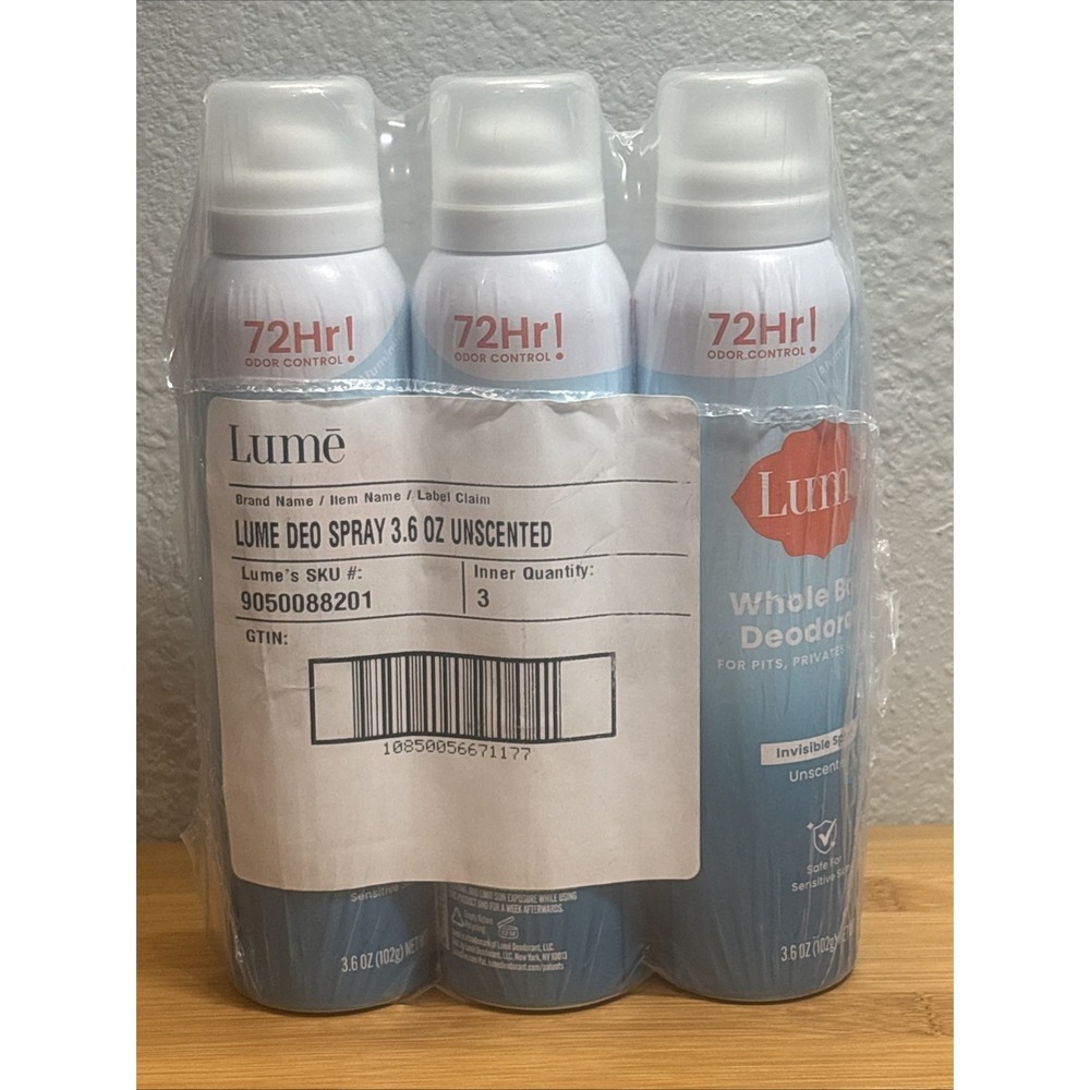 3 Pack: Lume Whole Body Deodorant UNSCENTED Invisible Spray Sensitive Skin 3.6oz